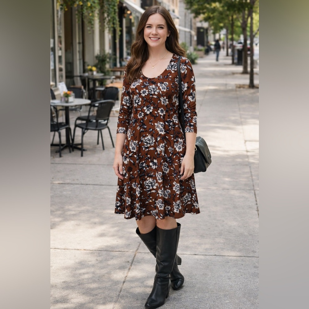 Garnet Hill Brown Floral Swing dress size medium